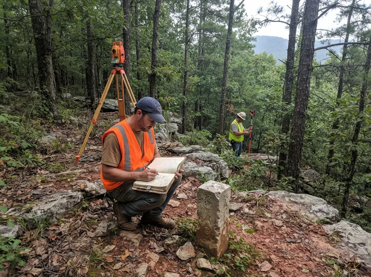 Land surveyor writing in a field book beside an old stone corner monument on a wooded limestone ridge, a total station behind him and a colleague holding a survey rod downhill