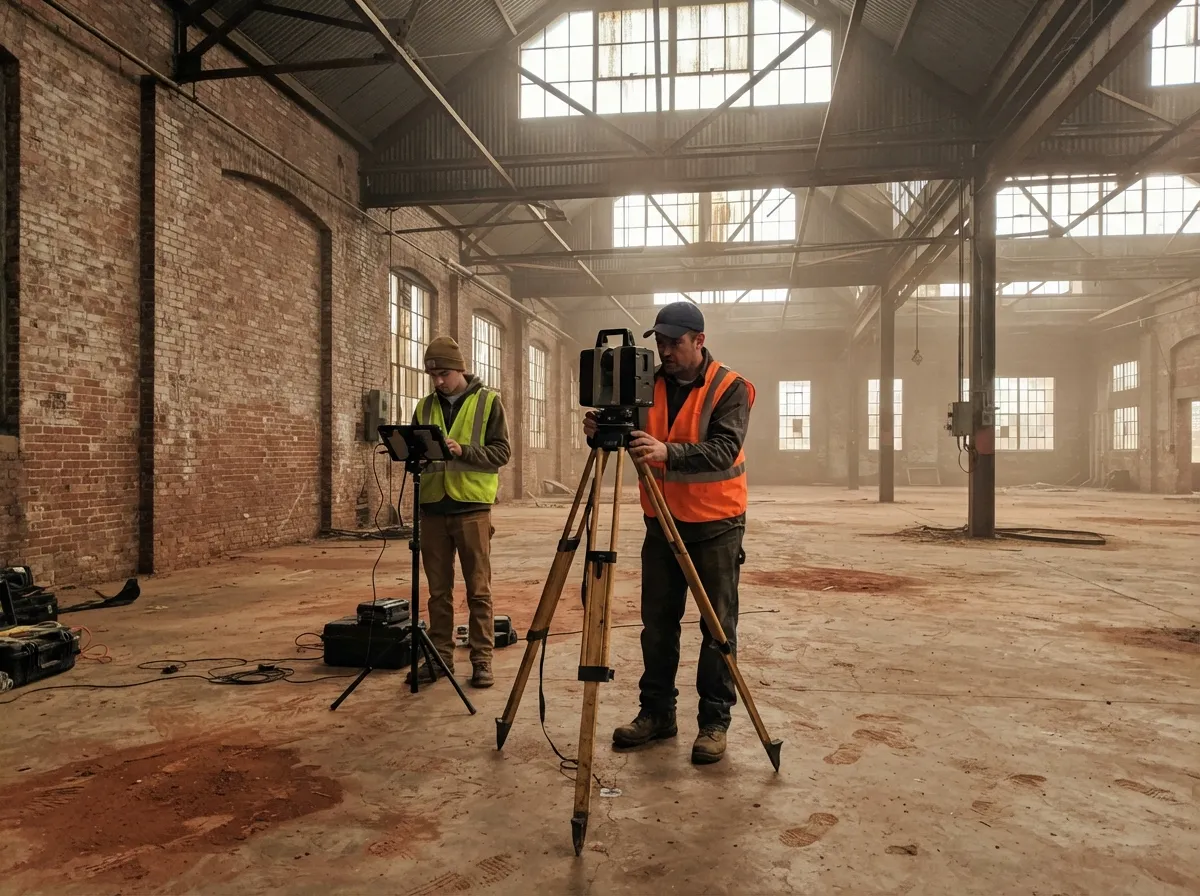 Land surveyor setting up a 3D laser scanner on a tripod inside an empty brick industrial building, a colleague reviewing a tablet on a stand beside him