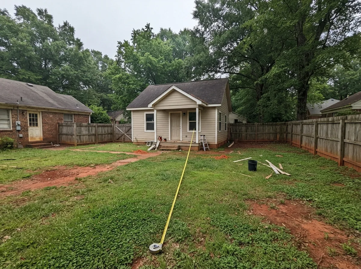 Small detached backyard cottage behind a brick house, a measuring tape stretched across the lawn toward it and a wooden privacy fence around the lot