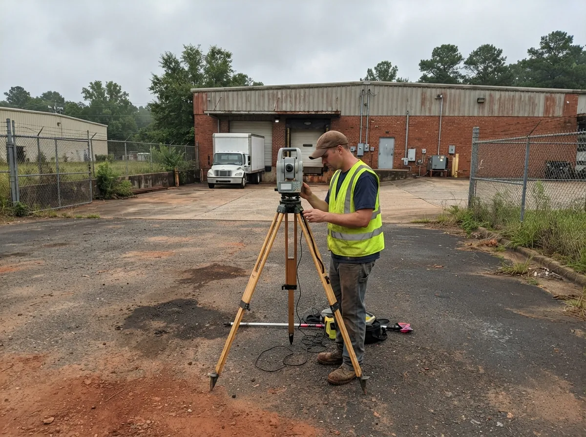 Land surveyor operating a robotic total station on the lot of a brick commercial warehouse with loading docks and a chain-link fence