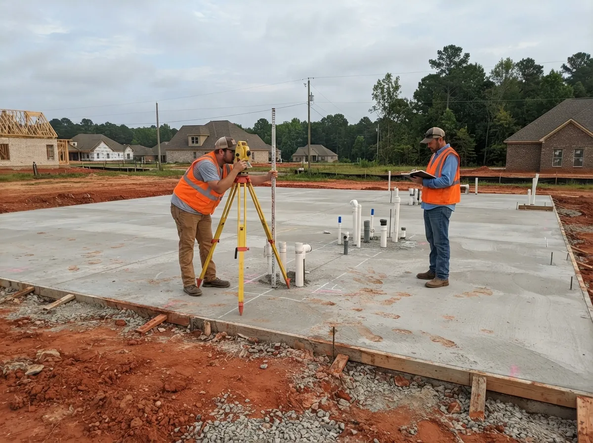 Two land surveyors checking a finished concrete foundation slab, one at a level and rod among the plumbing stub-outs, the other recording on a clipboard