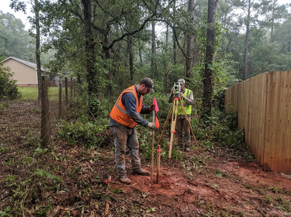 Two land surveyors measuring between a wire fence and a wooden privacy fence, one holding a flagged rod beside a stake, the other at a total station