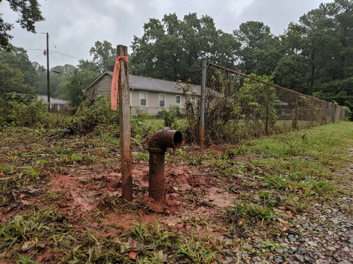 Rusted iron pipe property corner in red clay beside a flagged wooden stake, a chain-link fence and a house behind