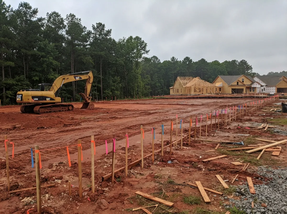 Rows of flagged wooden construction stakes along a graded red clay building pad, an excavator and framed houses behind