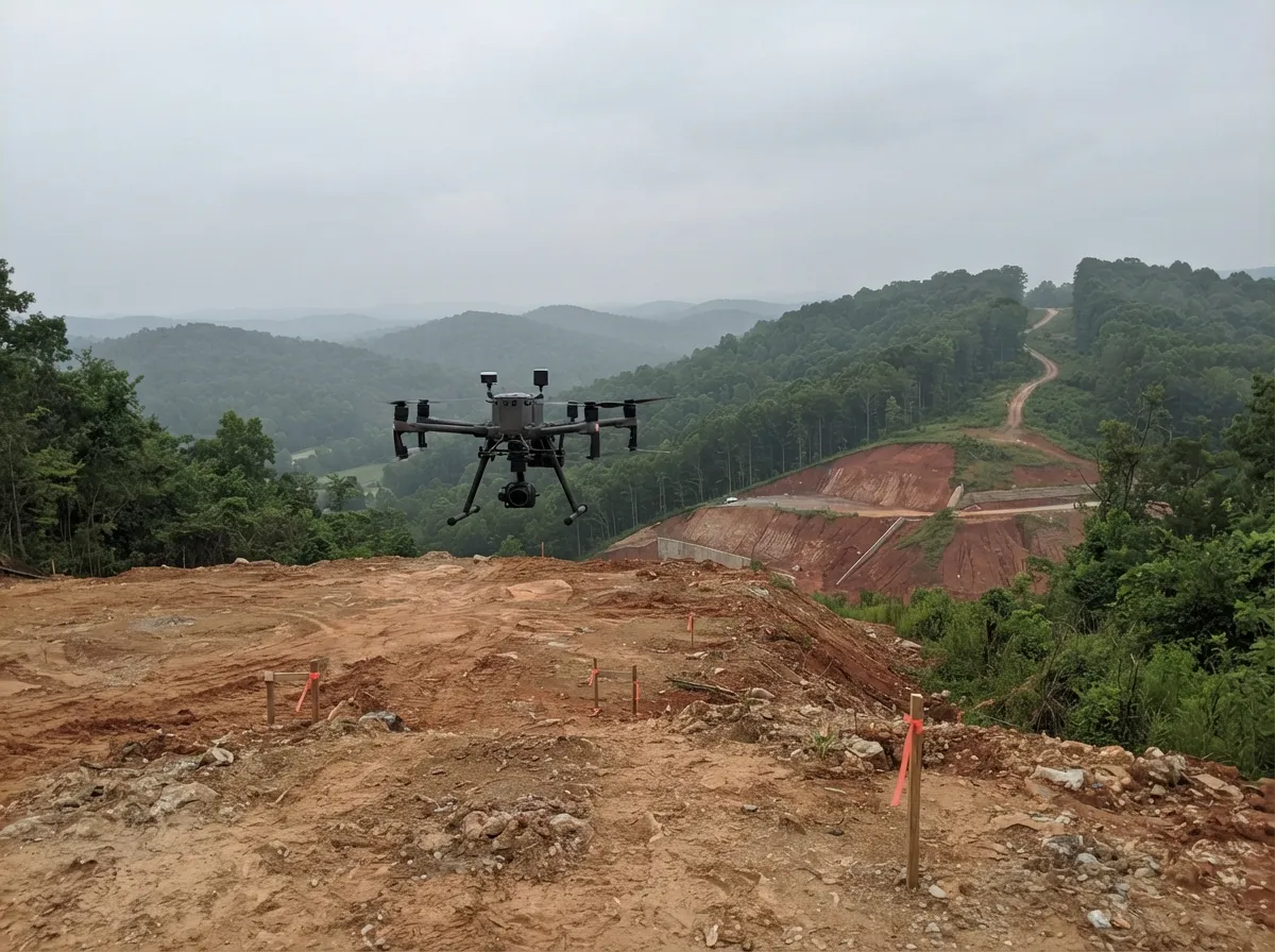 Mapping drone hovering over a graded red clay hilltop site marked with flagged stakes, wooded ridges and a cut slope in the distance