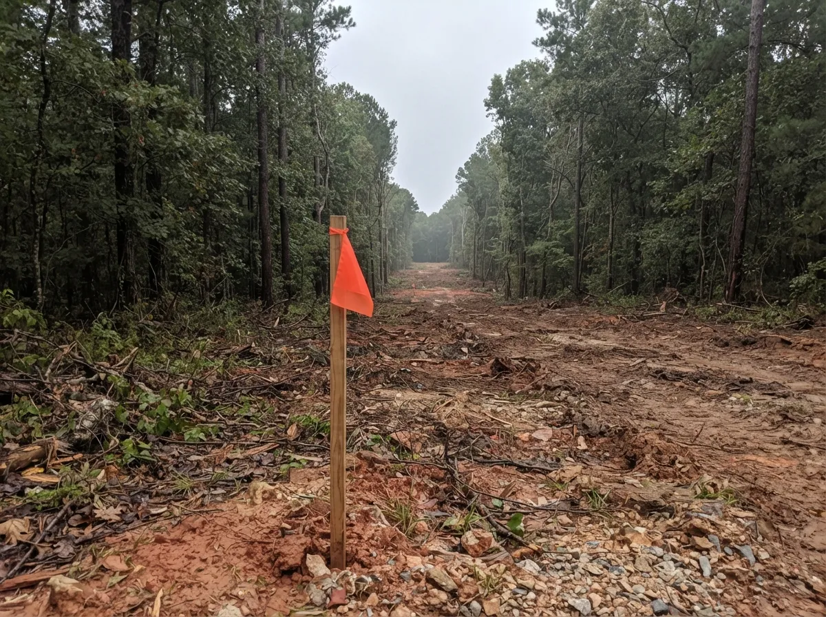 Flagged wooden stake in a cleared utility easement running through pine and hardwood woods