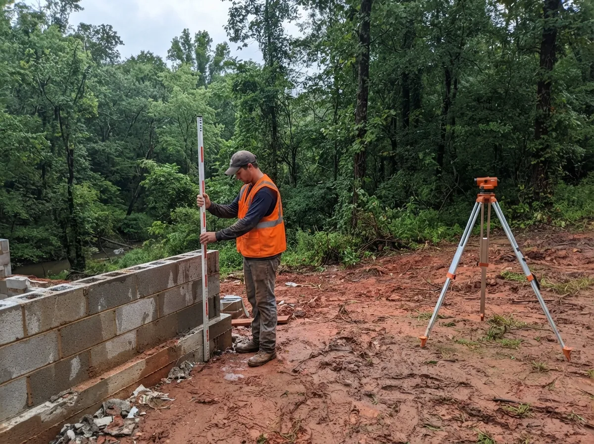 Land surveyor holding a levelling rod against a concrete block foundation on low ground beside a wooded creek, a level set up on its tripod nearby