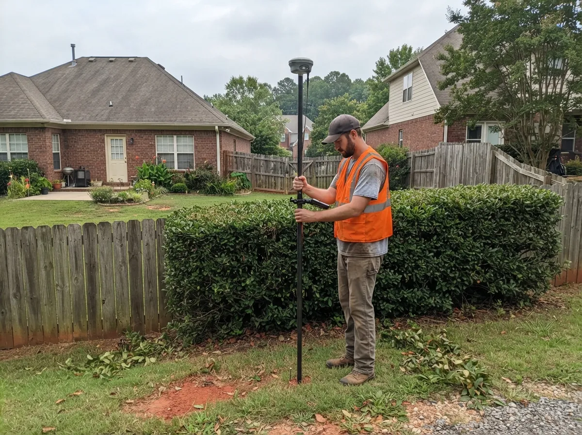 Land surveyor holding a GNSS rover pole on the fence and hedge line between two suburban back yards