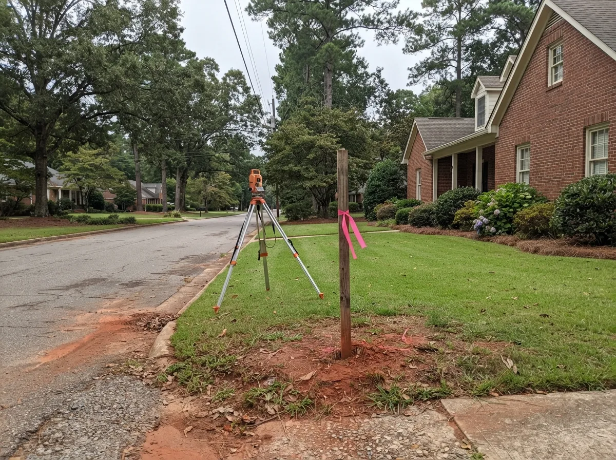 Survey instrument on a tripod beside a pink-flagged wooden stake at the front corner of a brick house's lawn on a tree-lined residential street