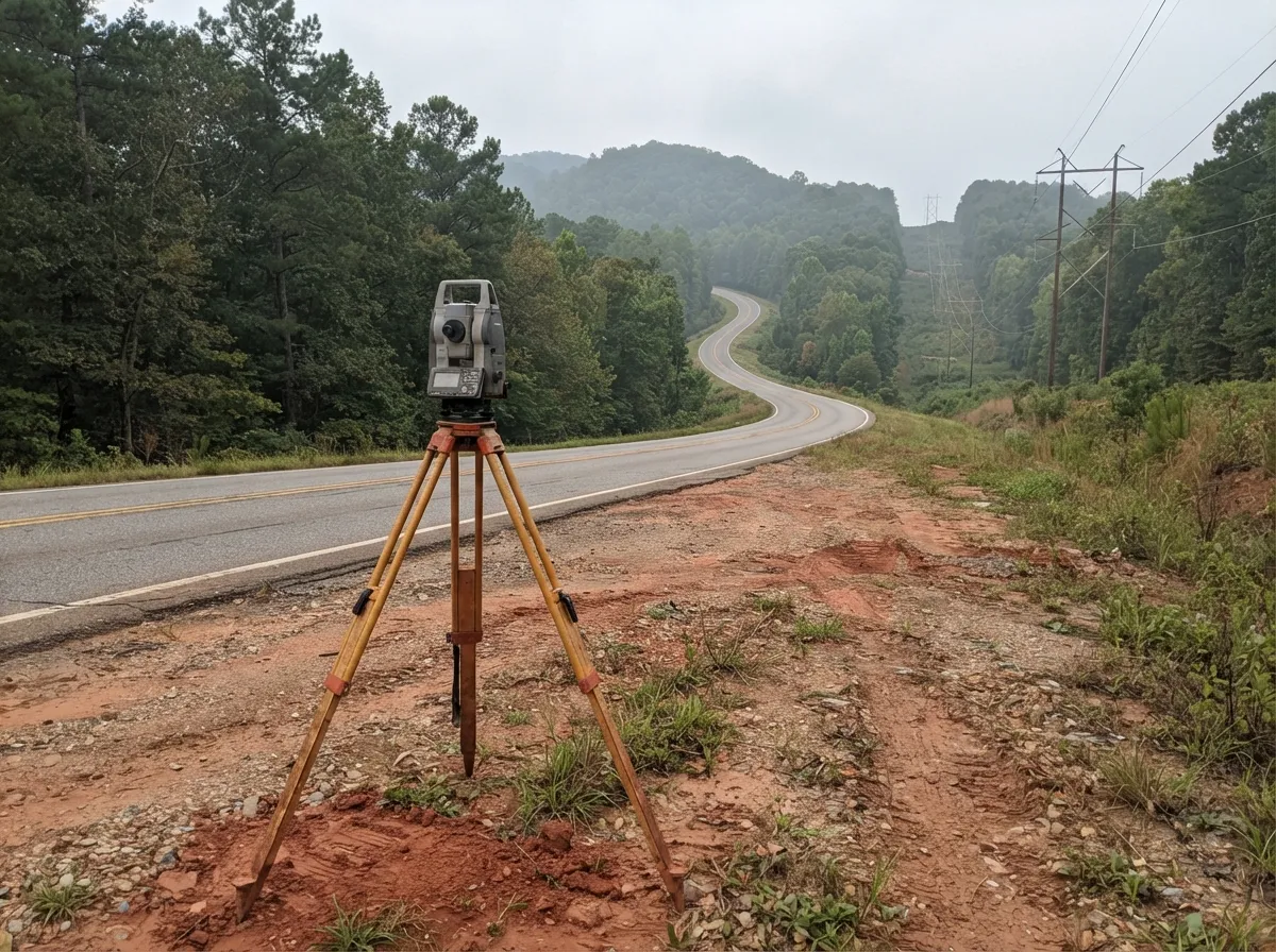 Total station on a wooden tripod set on the red clay shoulder of a winding two-lane highway, a power line corridor running through wooded hills beyond
