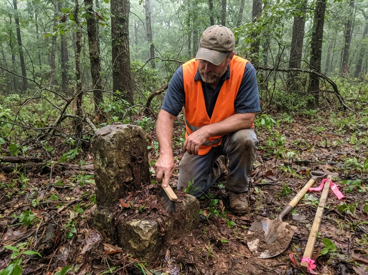 Land surveyor kneeling to brush leaves from a weathered stone section corner monument in hardwood woods, a shovel and flagged lath beside him