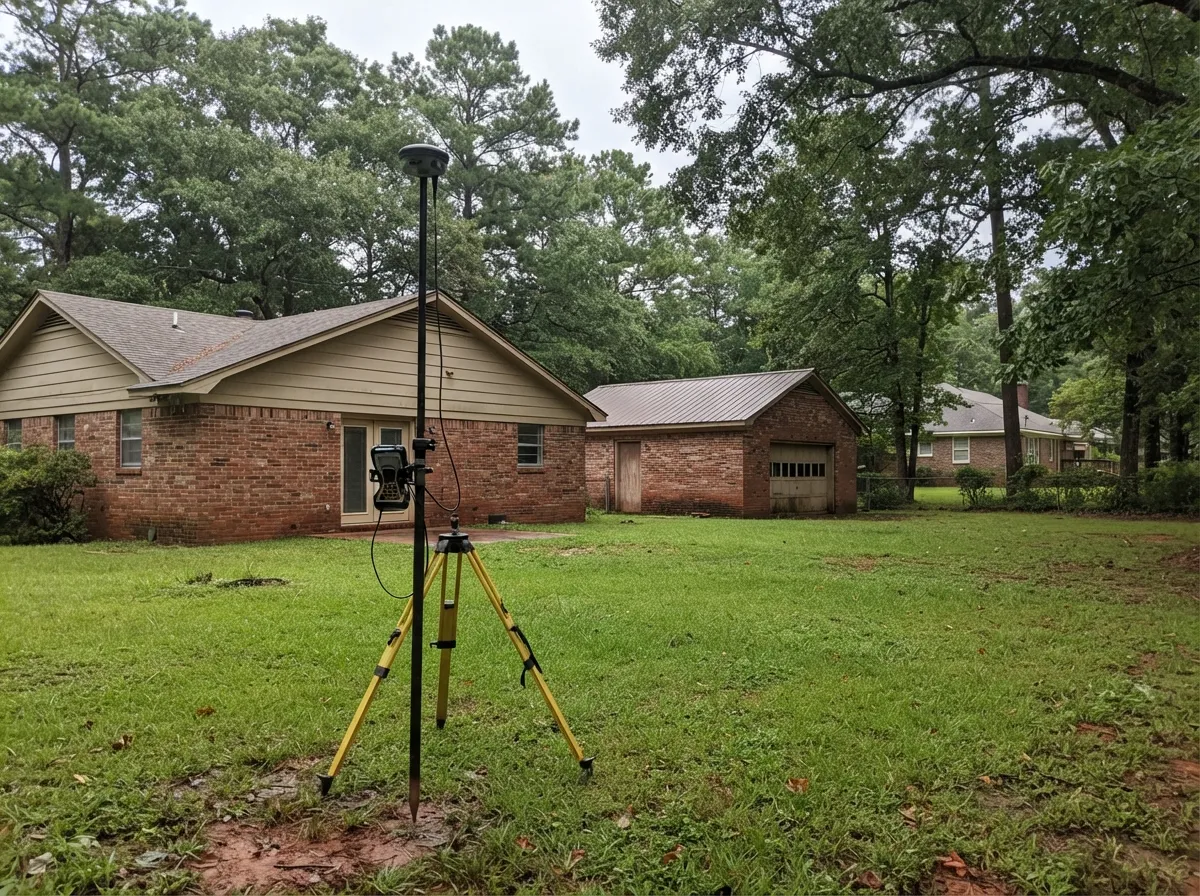 GNSS rover pole on a bipod on the back lawn of a brick ranch house, a detached brick garage and mature shade trees behind