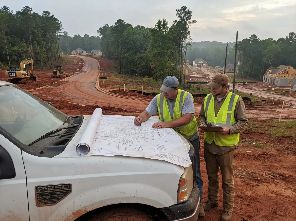 Two land surveyors in hi-vis vests reviewing a subdivision plat spread on a pickup hood, a graded red clay street and new houses behind them