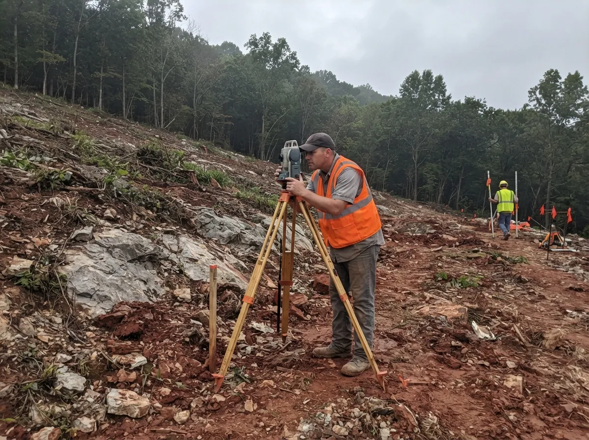 Land surveyor working a total station on a cleared hillside where grey limestone breaks through red clay, a second surveyor with a rod among flagged stakes behind