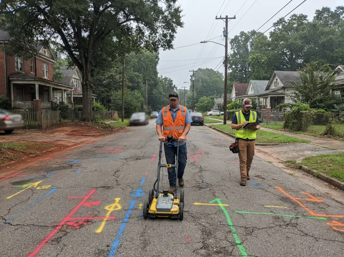 Land surveyor pushing a ground-penetrating radar cart down a residential street marked with colour-coded utility paint, a colleague with a tablet walking alongside