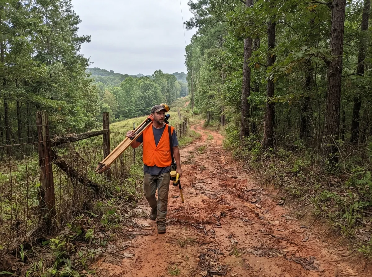 Land surveyor walking a red clay track beside an old wire fence line through the woods, a wooden tripod over his shoulder and a survey rod in hand